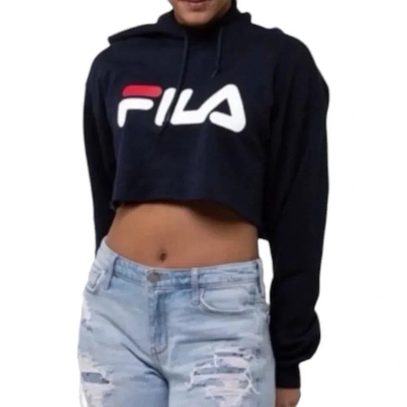 FILA Navy Cropped Raw Hem Hoodie M - Picture 1 of 4